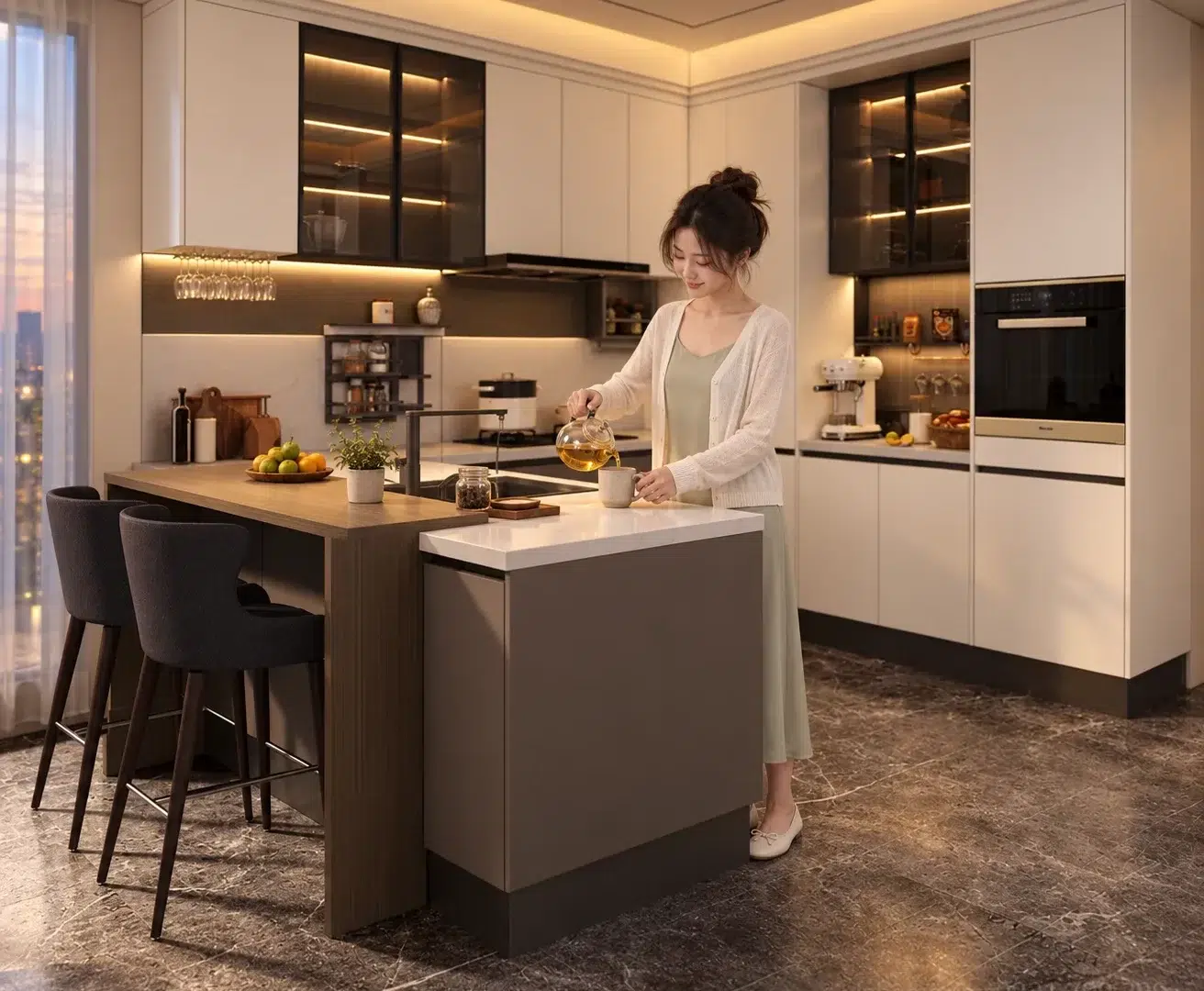 Người pha trà ở bàn đảo của tủ bếp plywood chữ U, quầy bar vân gỗ và ghế cao, đèn LED buổi tối