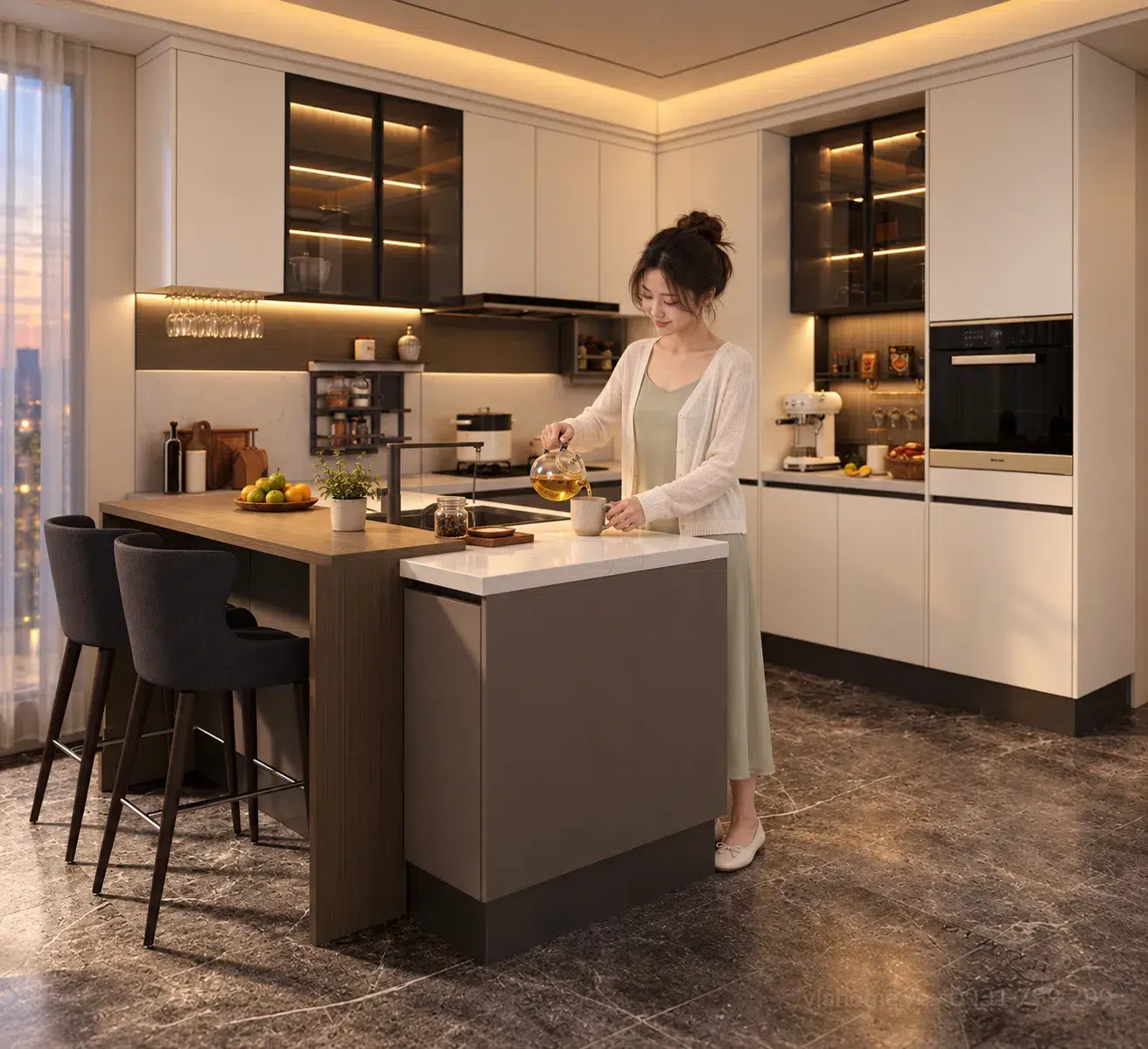 Bàn Đảo Trong Bếp Mở Cho Gia Đình, Chỗ Ngồi Trò Chuyện Buổi Tối