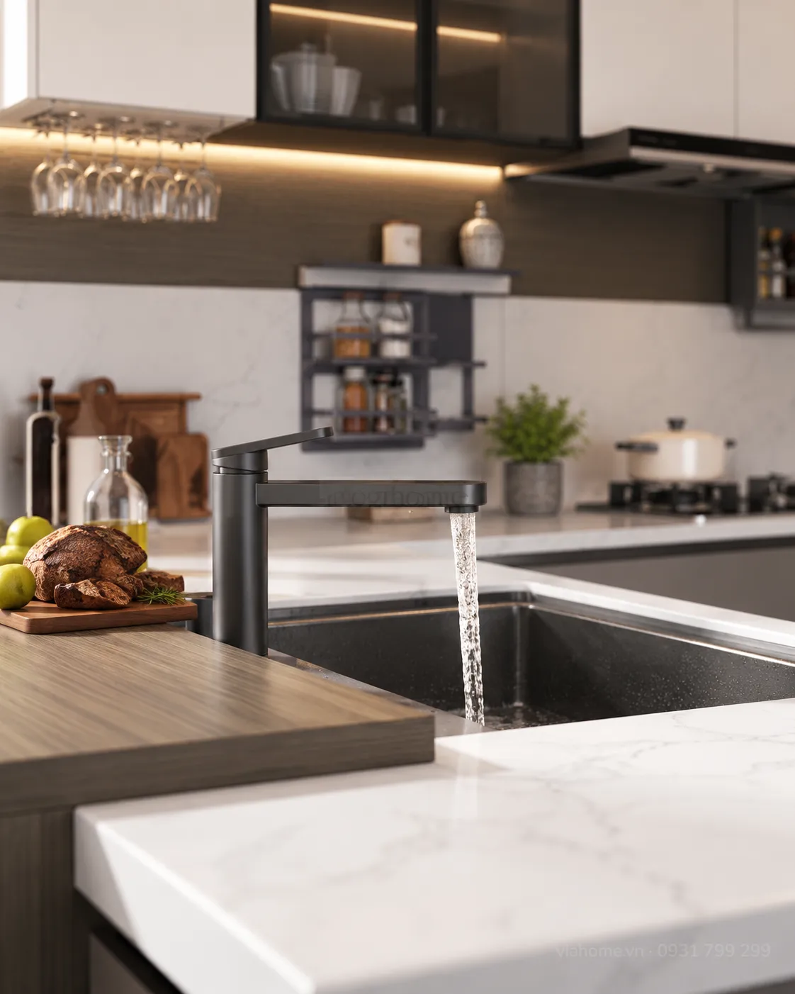 Mặt Bếp Gọn Sau Khi Sắp Xếp Tủ Bếp, Chậu Rửa Trên Bàn Đảo