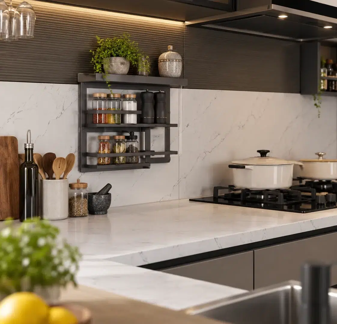 Giá gia vị treo tường màu đen và bếp nấu âm mặt đá trong tủ bếp plywood chữ U kết hợp bàn đảo