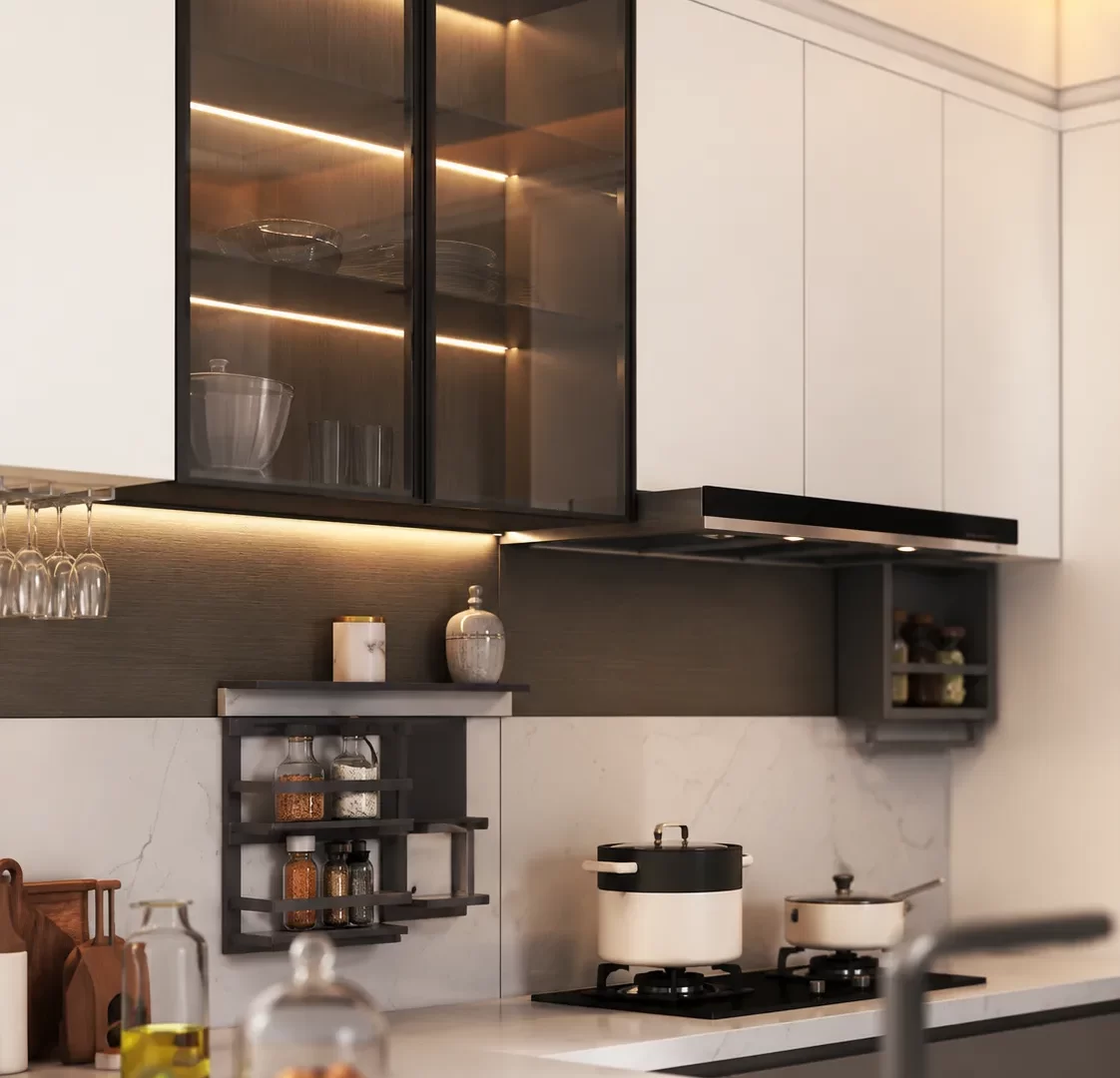 Tủ trên cánh kính khung đen có đèn LED, giá treo ly và giá gia vị trong tủ bếp plywood chữ U