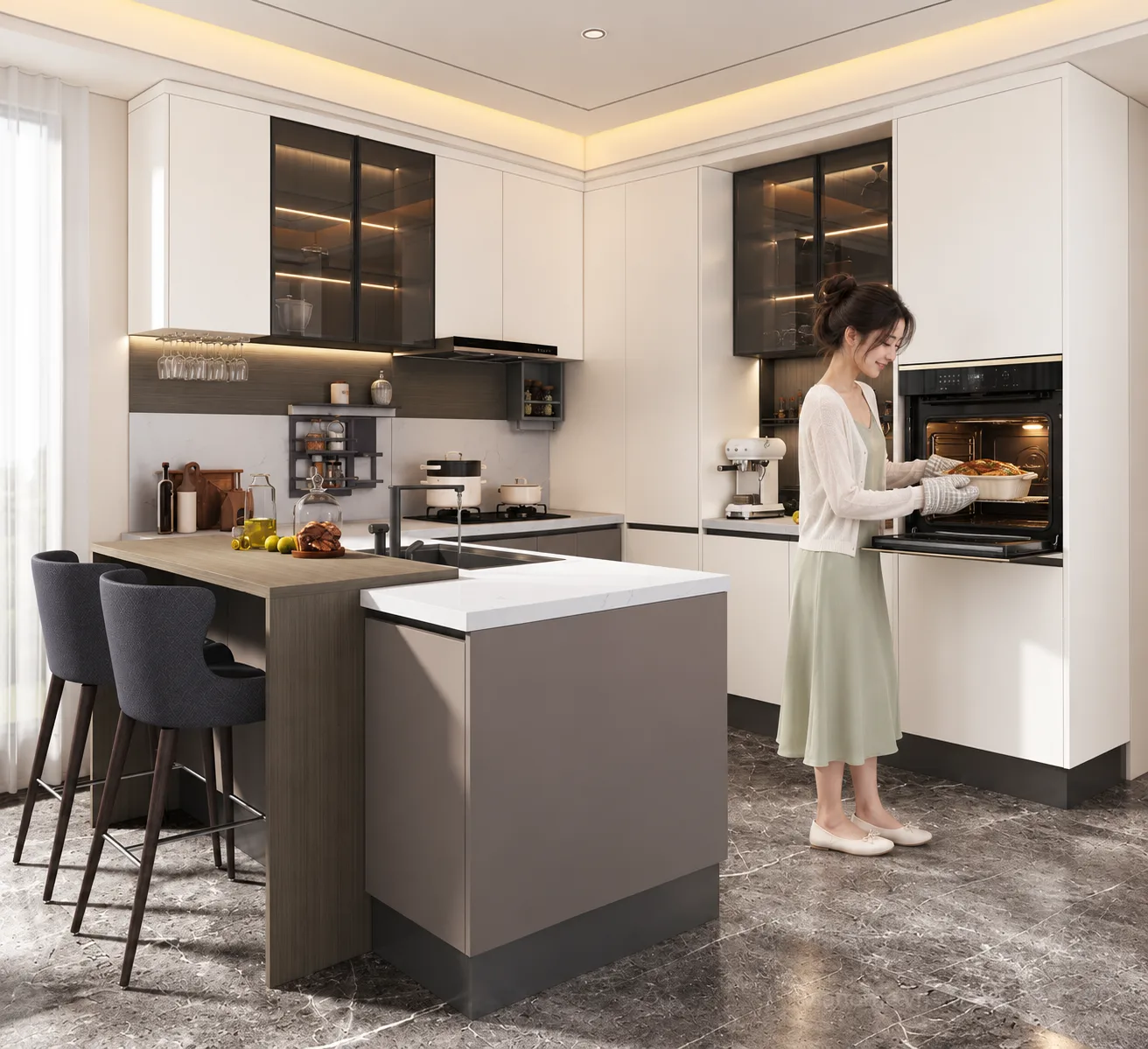 Người Lấy Khay Nướng Từ Lò Nướng Âm Tủ Cao Của Tủ Bếp Plywood Chữ U Kết Hợp Bàn Đảo