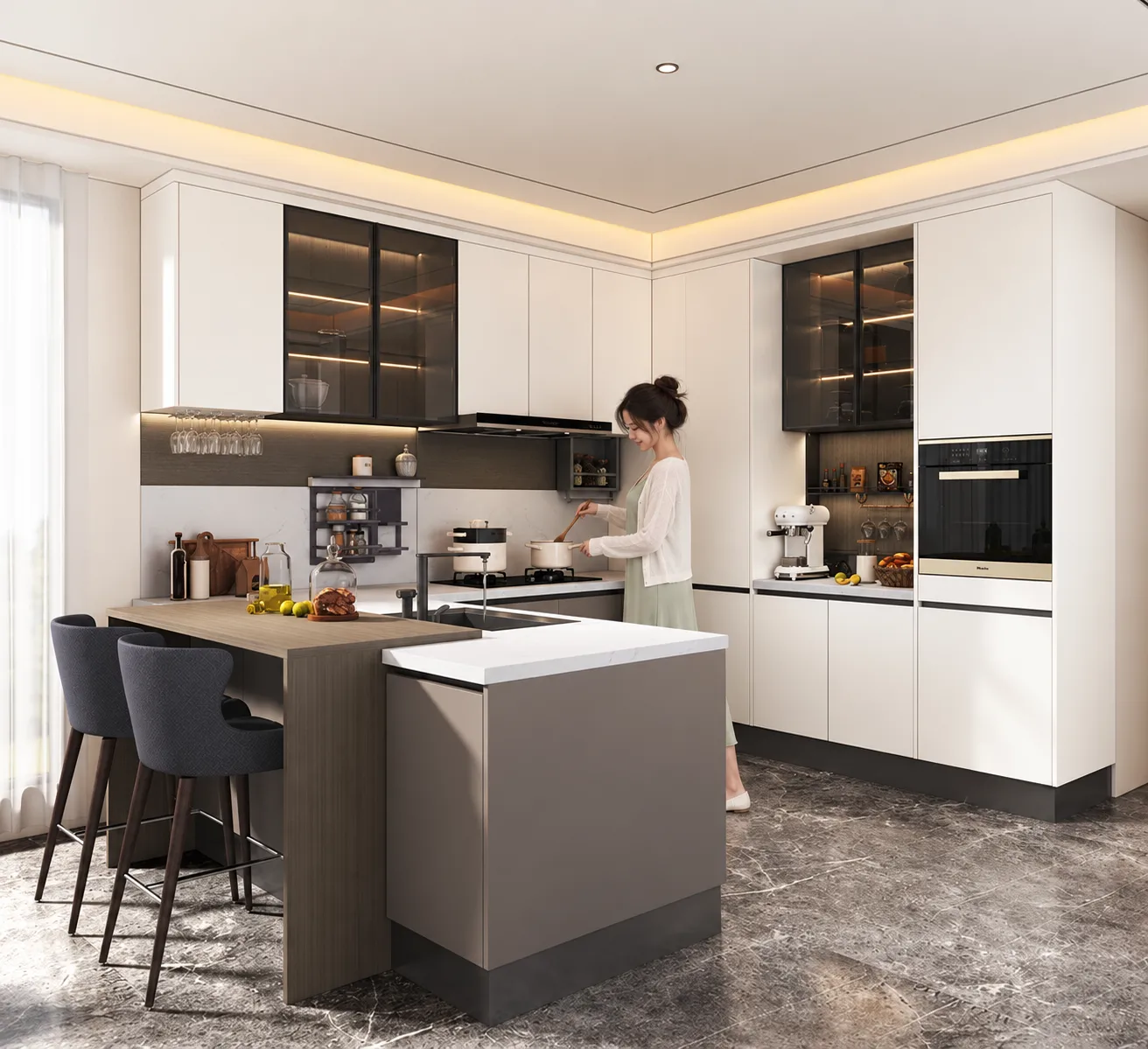 Bếp Mở Cho Gia Đình: Người Nấu Nhìn Ra Bàn Đảo Và Phòng Ăn