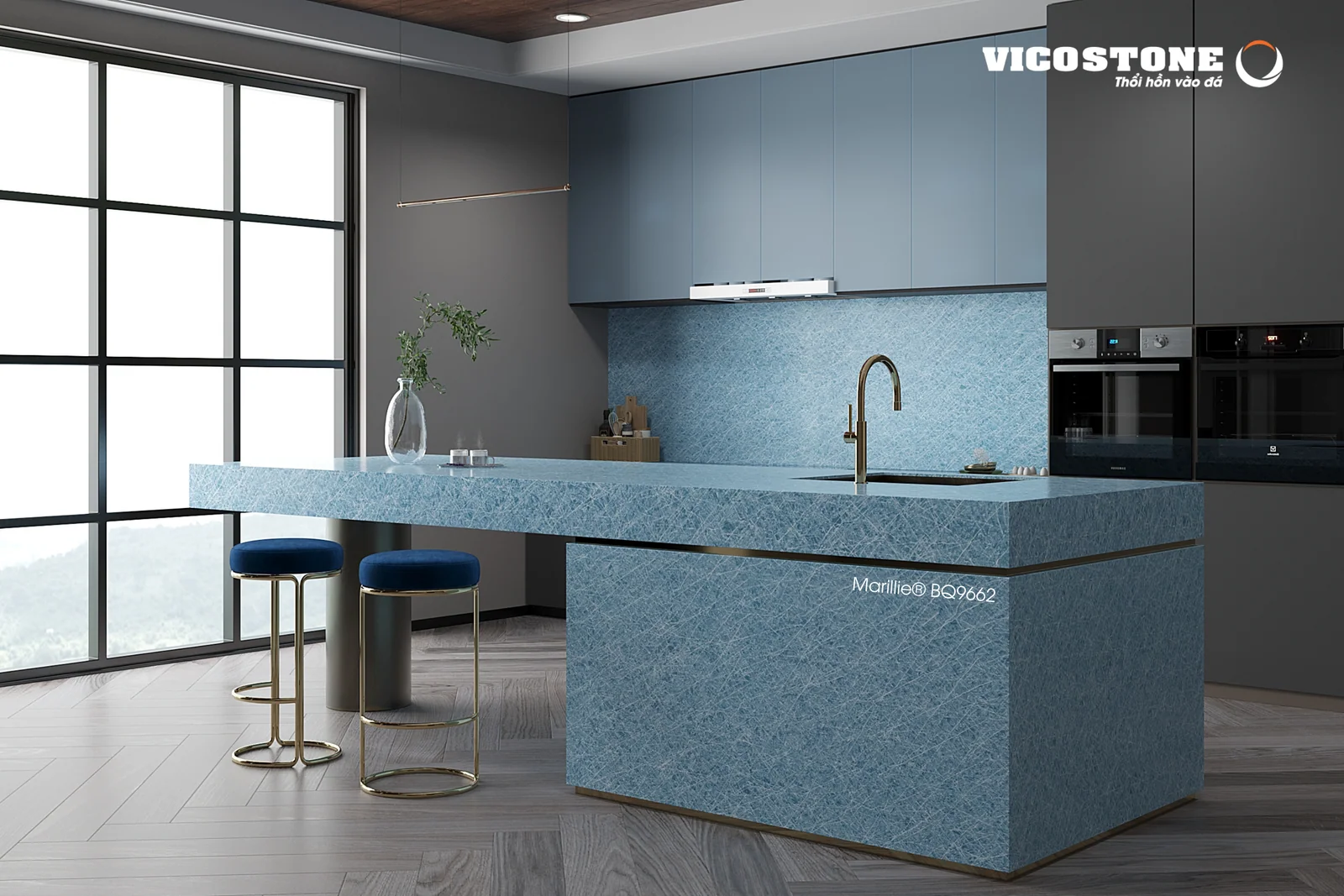 Phối cảnh ứng dụng đá Vicostone Marillie BQ9662 – góc chính