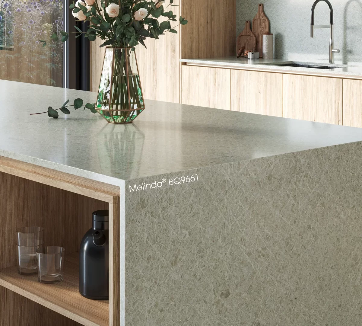 Phối cảnh ứng dụng đá Vicostone Melinda BQ9661 – góc chính