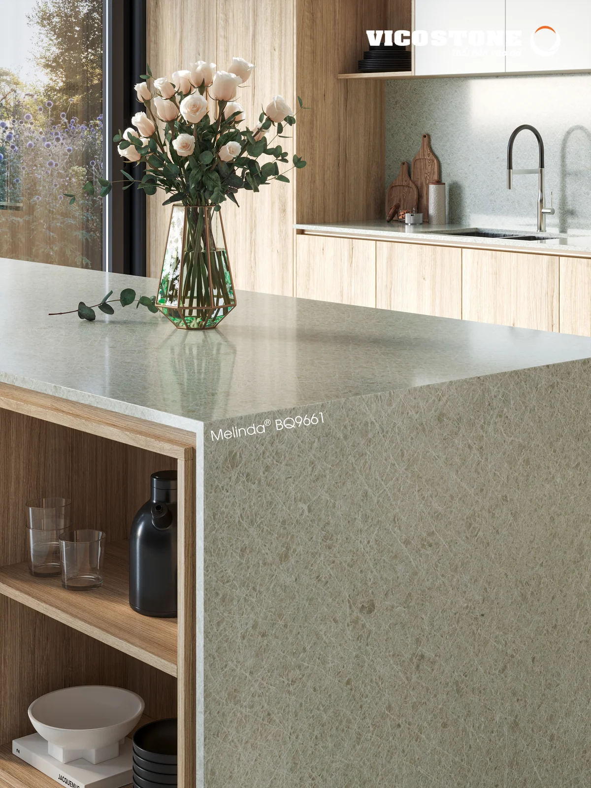 Phối cảnh ứng dụng đá Vicostone Melinda BQ9661 – góc chính