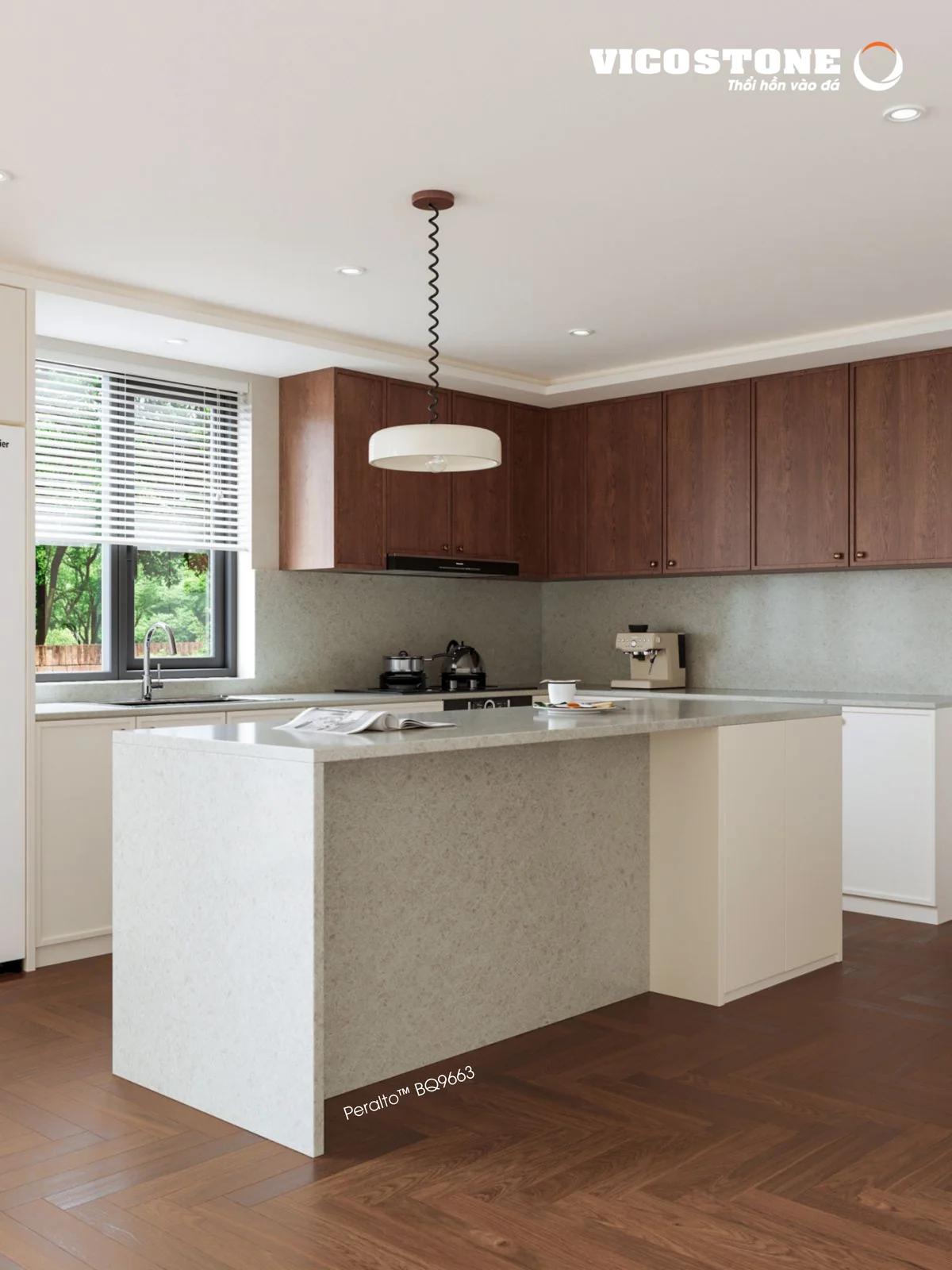 Phối cảnh ứng dụng đá Vicostone Peralto BQ9663 – góc chính